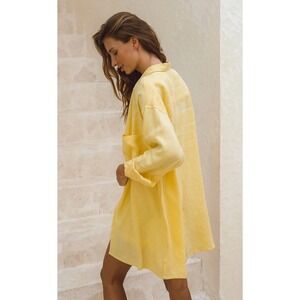 ROVE Designs Yellow Lemon Linen Button Up Oversized Shirt-Dress Women's S $150